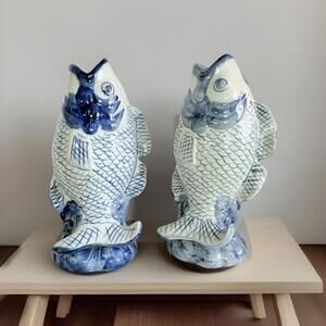 Vintage Porcelain Koi Fish Vase Williams Sonoma 8.75" Tall Set Of 2